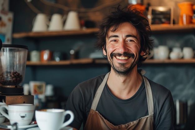 un hombre sonriente en un delantal de pie frente a una cafetería