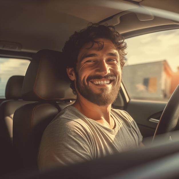 Hombre sonriente disfrutando de un viaje por carretera