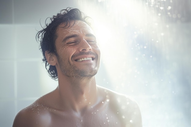 Hombre sonriente duchándose en un baño blanco por la mañana