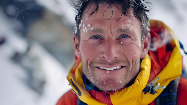 Hombre sonriente en un entorno nevado aventura en clima frío retrato de felicidad en medio de la naturaleza desafía a la IA