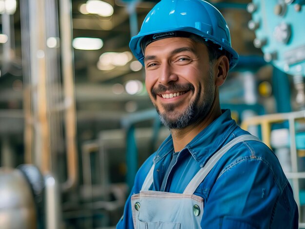 Foto un hombre sonriente en una fábrica