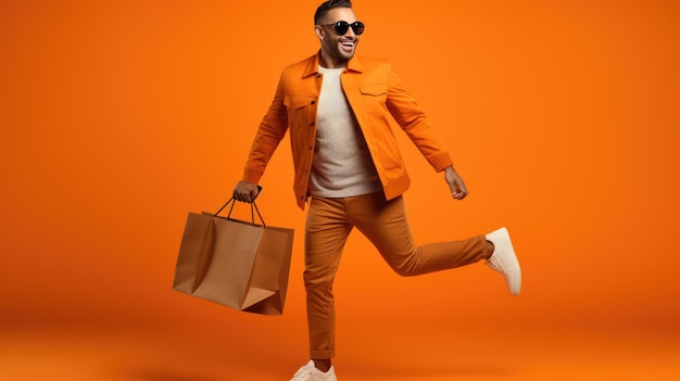 Hombre sonriente feliz sosteniendo bolsas de compras sobre fondo naranja