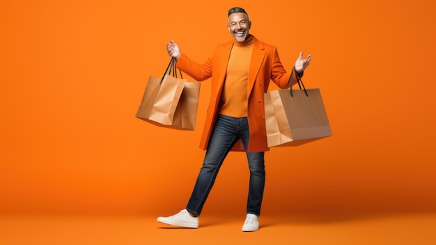 Hombre sonriente feliz sosteniendo bolsas de compras sobre fondo naranja