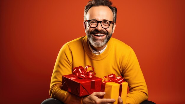 Hombre sonriente feliz sosteniendo una caja de regalo sobre un fondo de color