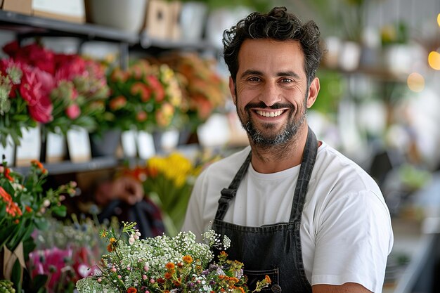 hombre sonriente florista en delantal con un ramo en un interior ligero de la tienda de flores