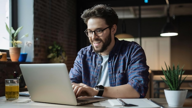 Hombre sonriente freelance trabajando en una computadora portátil comunicándose en línea usando software