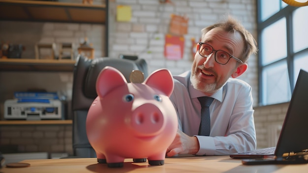 Hombre sonriente con gafas inserta moneda en una gran alcancía concepto de ahorro de dinero oficina casual configuración planificación financiera IA