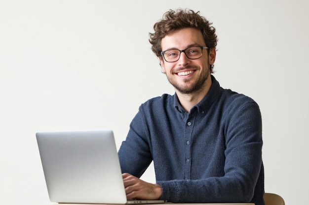 Hombre sonriente con gafas de portátil foto feliz
