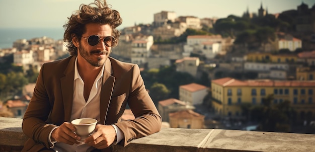 Hombre sonriente con gafas de sol disfrutando de una taza de café en el fondo de la ciudad vieja espacio de copia IA generativa