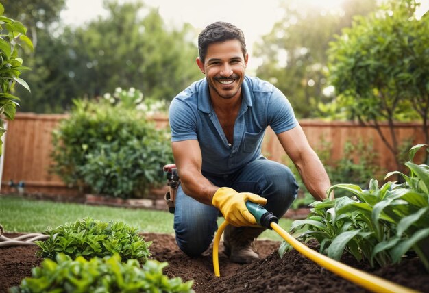 Un hombre sonriente jardinero sosteniendo una pala está regando las plantas en un patio trasero soleado