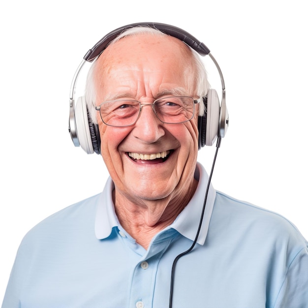 El hombre sonriente mayor está escuchando música con auriculares de fondo blanco.