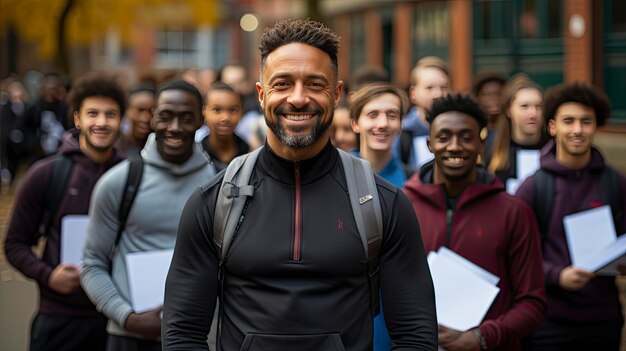 Hombre sonriente en la multitud que emana confianza en medio del bullicio