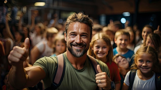 Hombre sonriente en la multitud que emana confianza en medio del bullicio