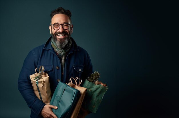 Hombre sonriente con paquetes y regalos de Navidad