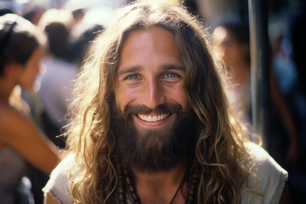 un hombre sonriente con pelo largo y barba