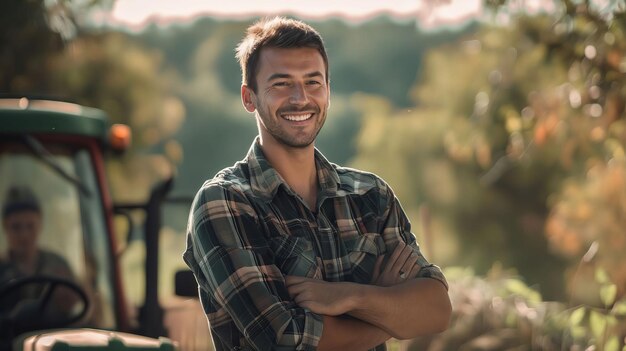 Un hombre sonriente de pie frente a un tractor