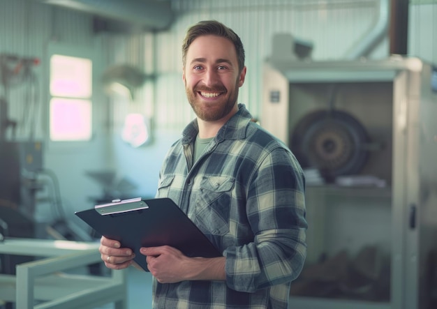 un hombre sonriente de pie en una habitación sosteniendo un clipboard