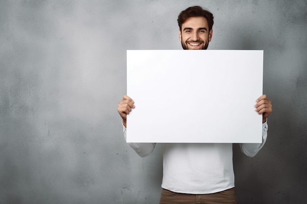 Foto un hombre sonriente que se comunica a través de una tabla blanca vacía