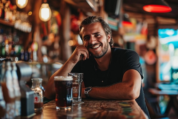 Foto el hombre sonriente recomienda refresco.