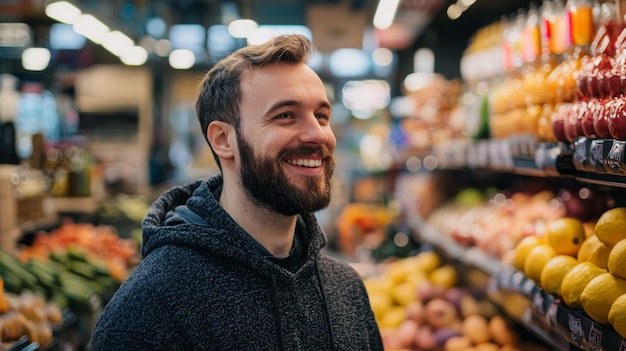 Hombre sonriente con ropa casual en un pasillo de una tienda de comestibles