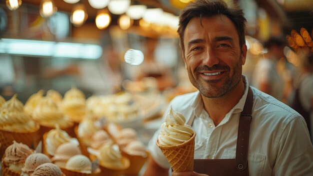 Hombre sonriente con un sombrero sosteniendo un cono de helado frente a una tienda de helados