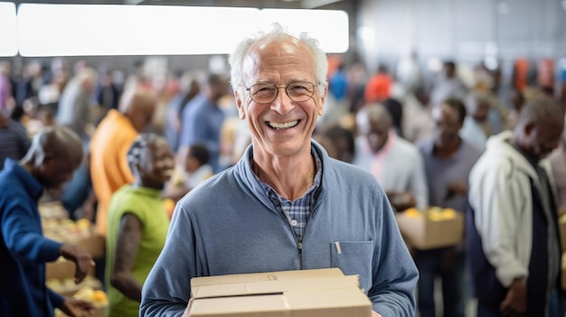 Foto hombre sonriente sosteniendo una caja en una organización benéfica