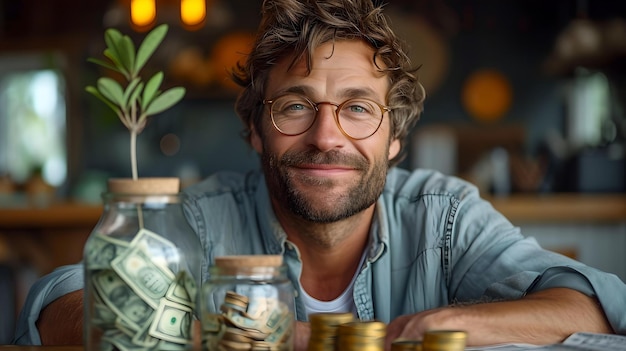 Hombre sonriente sosteniendo un frasco de dinero junto a una planta en maceta con ahorros personales en un acogedor café AI