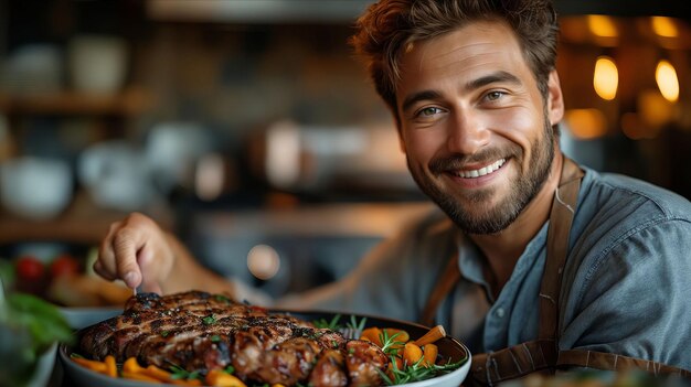 Hombre sonriente sosteniendo un plato de carne