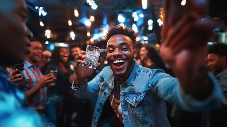 hombre sonriente sosteniendo un vaso de agua frente a una multitud de personas