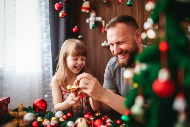 Hombre sonriente con su hija tocando adornos de Navidad en casa