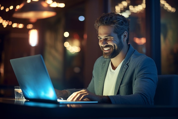 Hombre sonriente trabajando en un portátil trabajando con un portátil con IA generativa