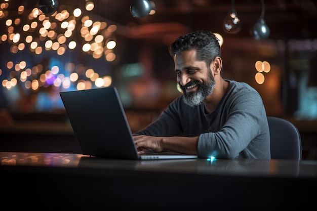 Hombre sonriente trabajando en un portátil trabajando con un portátil con IA generativa