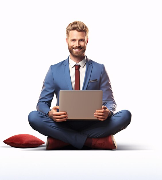 Foto hombre sonriente en traje azul sosteniendo una computadora portátil ia generativa