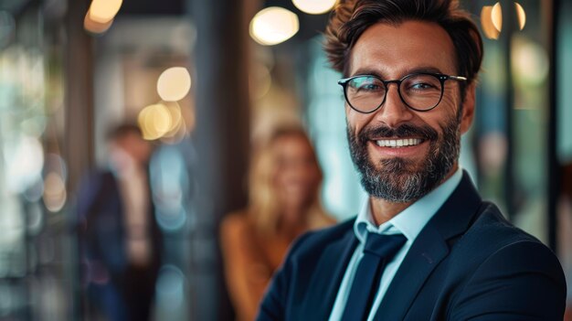 Hombre sonriente en traje y corbata IA generativa