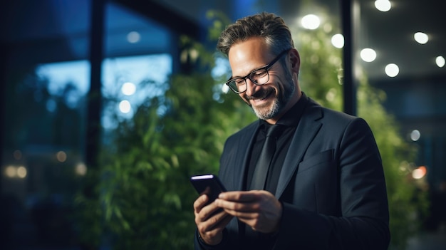 Hombre sonriente en un traje de negocios está mirando su teléfono inteligente contra el fondo de la oficina