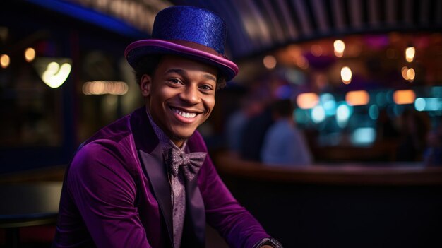 Hombre sonriente con traje violeta con fondo índigo con sombrero de fiesta