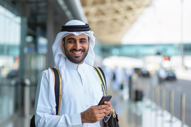 Hombre sonriente con trajes tradicionales de los Emiratos con un teléfono inteligente generado por IA