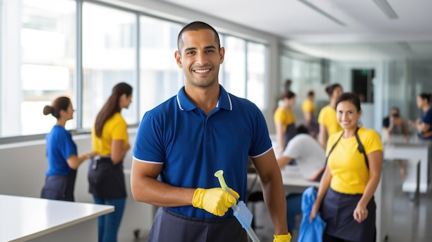 Foto hombre sonriente en un uniforme de servicio de limpieza con colegas en el fondo que indican un equipo de limpieza profesional en el trabajo