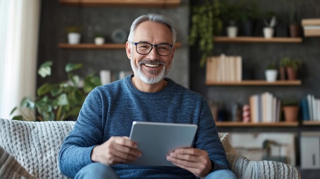 Hombre sonriente usando una tableta en casa