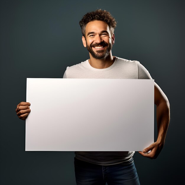 Foto un hombre con una sonrisa sostiene una tabla blanca