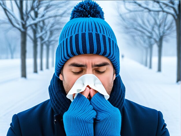 Un hombre soplando la nariz en invierno