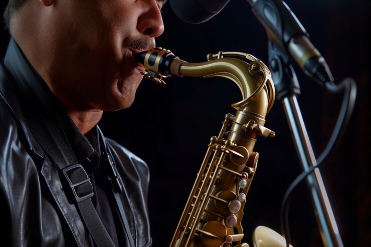Foto hombre soplando en saxofón con micrófono de primer plano