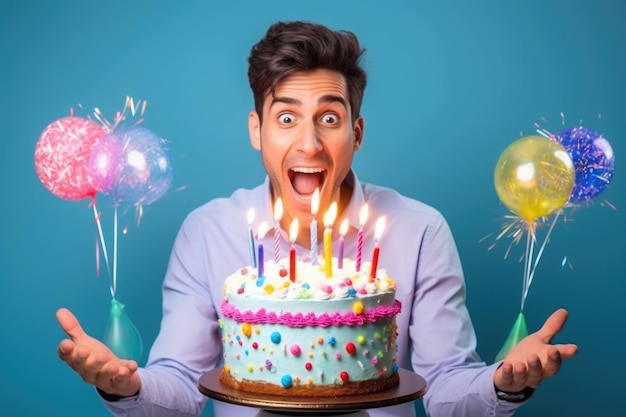 Hombre soplando las velas en su pastel de cumpleaños con un fondo azul