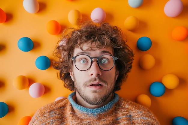 Hombre sorprendido con cabello rizado y gafas con bolas de colores flotando en el fondo expresando asombro