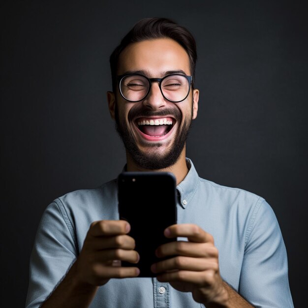 Foto hombre sorpresa y él abre la boca y mira el teléfono aislado