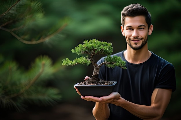 Hombre sosteniendo un árbol de bonsai