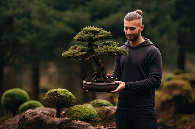 Foto hombre sosteniendo un árbol de bonsai