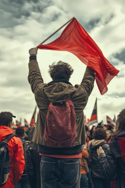 Un hombre sosteniendo una bandera roja frente a una multitud adecuado para el concepto de protesta o demostración