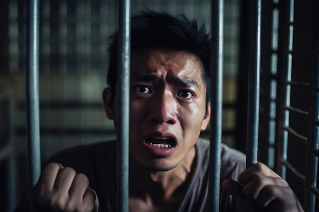 Un hombre sosteniendo una barra en una celda de la cárcel.