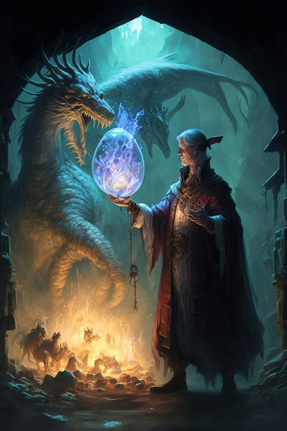 Hombre sosteniendo una bola de cristal frente a un dragón generativo ai